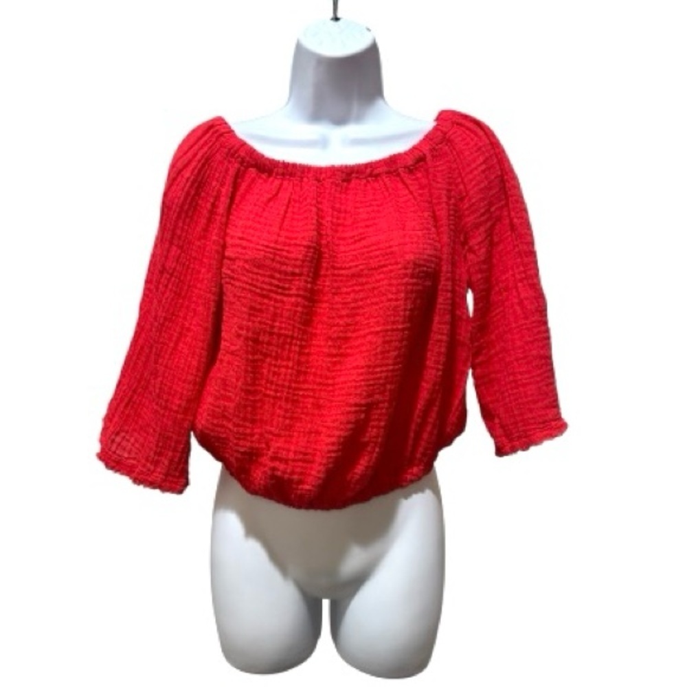 Michael Stars Red Off Shoulder Textured Top M Cropped Peasant Blouse Boho